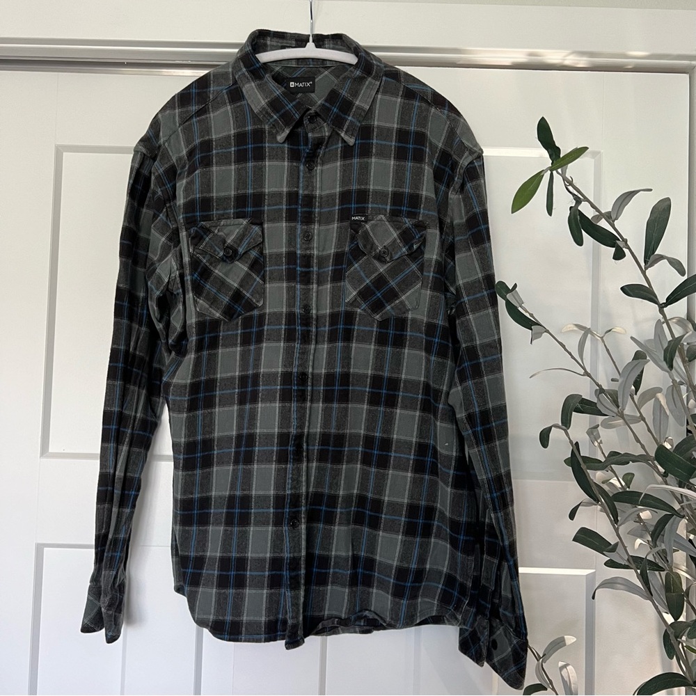 Matix Black and Grey Casual Button Down Shirt Plaid Design